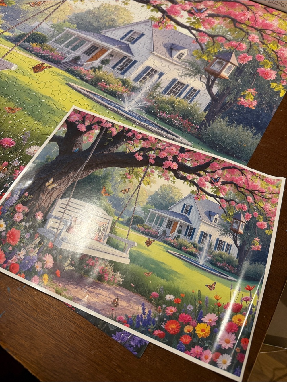 White Mountain Under Pink Blooms 1000-Piece Jigsaw Puzzle - Pink, Green, Blue - Picture 3 of 4